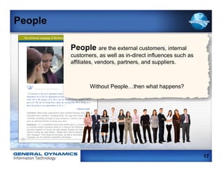 People

         People are the external customers, internal
         customers, as well as in-direct influences such as
         affiliates, vendors, partners, and suppliers.



                Without People…then what happens?




                                                              17
 
