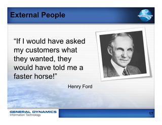 External People


“If I would have asked
my customers what
they wanted, they
would have told me a
faster horse!”
                  Henry Ford




                               17
 