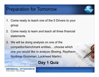 Preparation for Tomorrow

1.  Come ready to teach one of the 5 Drivers to your
   group

2.  Come ready to learn and teach all three financial
   statements

3.  We will be doing analysis on one of the
   competitor/benchmark entities….choose which
   one you would like to analyze (Boeing, Raytheon,
   Northrop Grumman, Lockheed Martin)

                        Day 1 Quiz
 