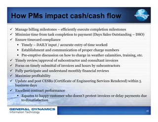 How PMs impact cash/cash flow
ü  Manage billing milestones – efficiently execute completion milestones
ü  Minimize time ...