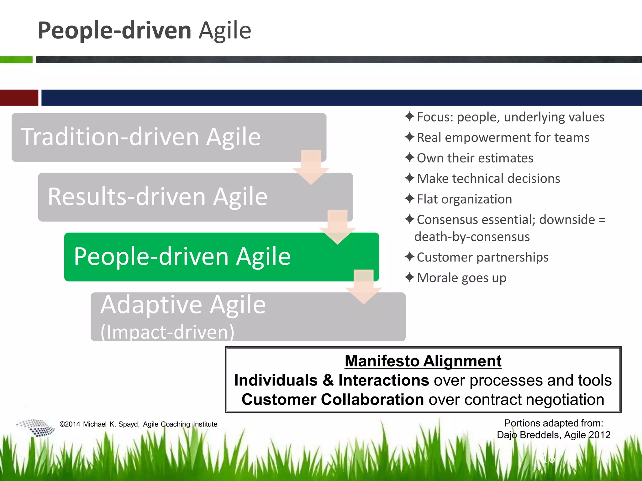 ©2014 Michael K. Spayd, Agile Coaching Institute
People-driven Agile
✦Focus: people, underlying values
✦Real empowerment for teams
✦Own their estimates
✦Make technical decisions
✦Flat organization
✦Consensus essential; downside =
death-by-consensus
✦Customer partnerships
✦Morale goes up
Tradition-driven Agile
Results-driven Agile
People-driven Agile
Adaptive Agile
(Impact-driven)
Manifesto Alignment
Individuals & Interactions over processes and tools
Customer Collaboration over contract negotiation
16
Portions adapted from:
Dajo Breddels, Agile 2012
 