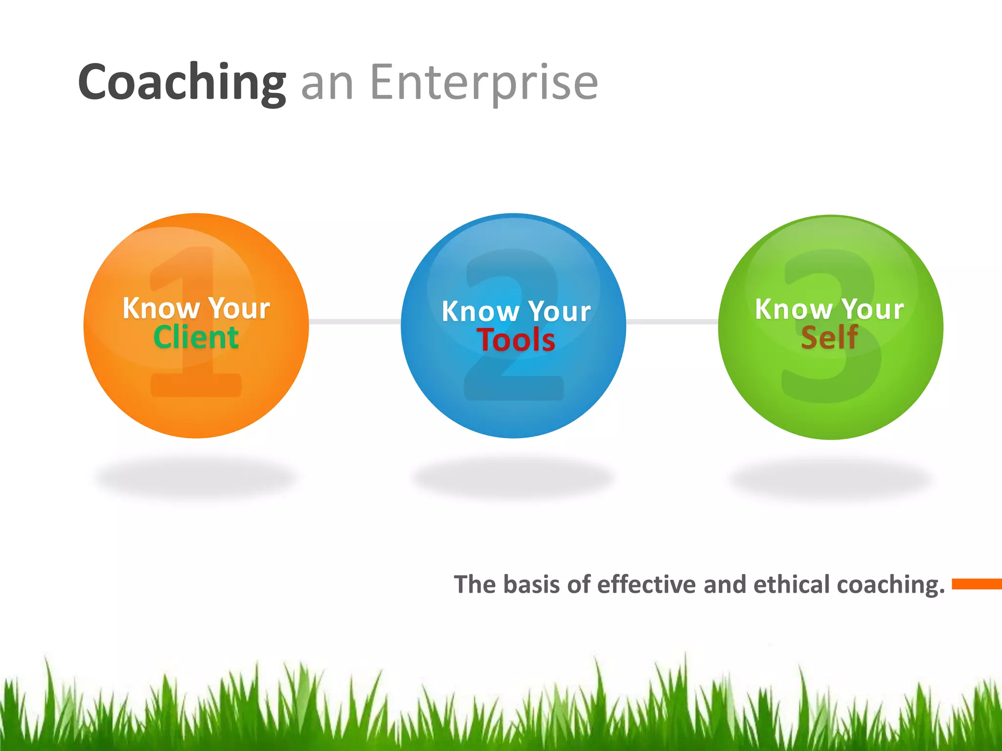 Coaching an Enterprise
The basis of effective and ethical coaching.
Know Your
Client
Know Your
Tools
Know Your
Self
 