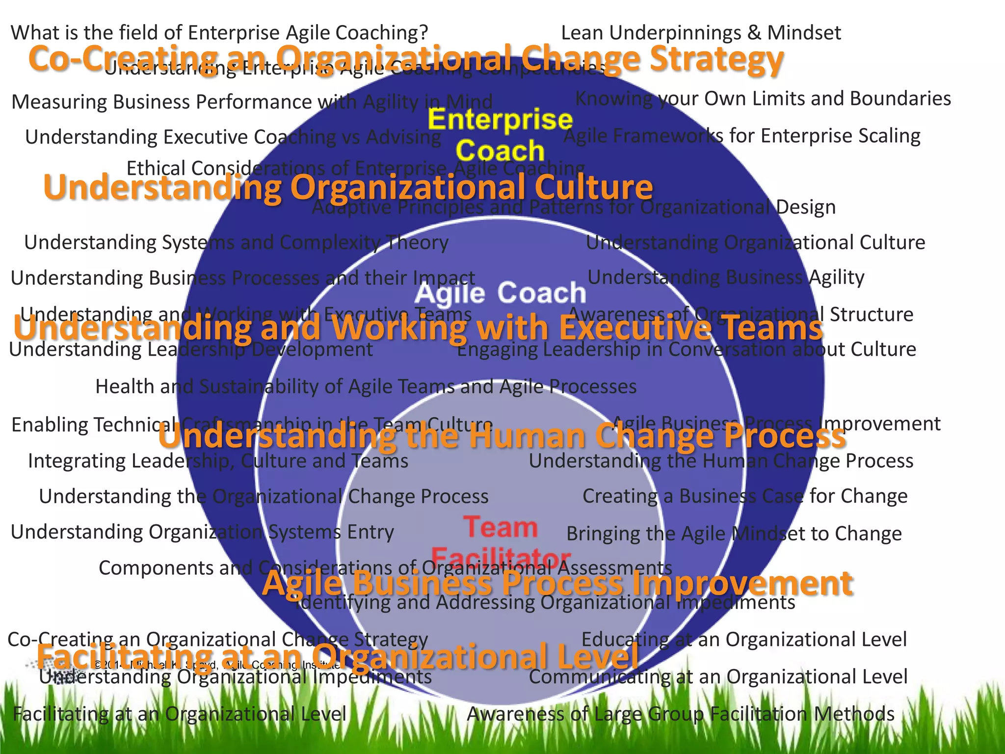 ©2014 Michael K. Spayd, Agile Coaching Institute
What is the field of Enterprise Agile Coaching?
Understanding Enterprise Agile Coaching Competencies
Ethical Considerations of Enterprise Agile Coaching
Knowing your Own Limits and Boundaries
Understanding Systems and Complexity Theory
Lean Underpinnings & Mindset
Understanding Business Agility
Measuring Business Performance with Agility in Mind
Awareness of Organizational Structure
Adaptive Principles and Patterns for Organizational Design
Agile Frameworks for Enterprise Scaling
Understanding Business Processes and their Impact
Agile Business Process Improvement
Understanding and Working with Executive Teams
Understanding Executive Coaching vs Advising
Understanding Leadership Development
Understanding Organizational Culture
Engaging Leadership in Conversation about Culture
Health and Sustainability of Agile Teams and Agile Processes
Enabling Technical Craftsmanship in the Team Culture
Integrating Leadership, Culture and Teams
Creating a Business Case for Change
Understanding the Human Change Process
Understanding the Organizational Change Process
Bringing the Agile Mindset to ChangeUnderstanding Organization Systems Entry
Components and Considerations of Organizational Assessments
Co-Creating an Organizational Change Strategy
Understanding Organizational Impediments
Identifying and Addressing Organizational Impediments
Communicating at an Organizational Level
Educating at an Organizational Level
Awareness of Large Group Facilitation MethodsFacilitating at an Organizational Level
Agile Business Process Improvement
Co-Creating an Organizational Change Strategy
Understanding Organizational Culture
Understanding the Human Change Process
Facilitating at an Organizational Level
Understanding and Working with Executive Teams
 