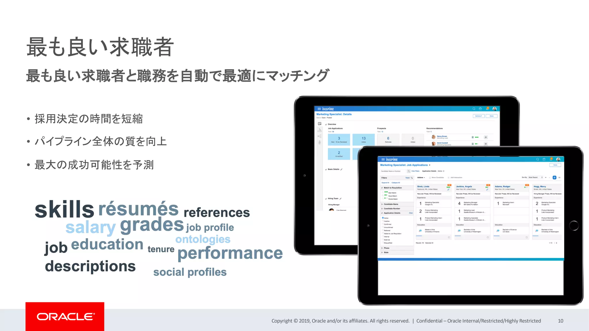 Copyright © 2019, Oracle and/or its affiliates. All rights reserved. | Confidential – Oracle Internal/Restricted/Highly Restricted 10
• 採用決定の時間を短縮
• パイプライン全体の質を向上
• 最大の成功可能性を予測
最も良い求職者
最も良い求職者と職務を自動で最適にマッチング
 