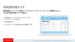 Copyright © 2019, Oracle and/or its affiliates. All rights reserved. | Confidential – Oracle Internal/Restricted/Highly Restricted 8
• 営業担当とセールス・マネジメントにとっての
パイプライン・リスクを特定
• 予測精度を向上
• セールス・チームは最も収益を生む機会に注力
成約期待値スコア
顧客属性、セールス活動、パイプライン・ステージ、セールス履歴をもとに、
AIが成約期待値スコアを算出。
 