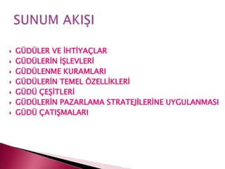 GÜDÜLER VE İHTİYAÇLAR
 GÜDÜLERİN İŞLEVLERİ
 GÜDÜLENME KURAMLARI
 GÜDÜLERİN TEMEL ÖZELLİKLERİ
 GÜDÜ ÇEŞİTLERİ
 GÜDÜLERİN PAZARLAMA STRATEJİLERİNE UYGULANMASI
 GÜDÜ ÇATIŞMALARI
 