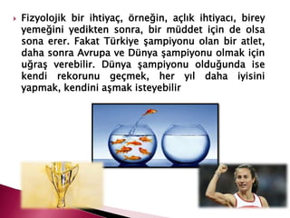  Fizyolojik bir ihtiyaç, örneğin, açlık ihtiyacı, birey
yemeğini yedikten sonra, bir müddet için de olsa
sona erer. Fakat Türkiye şampiyonu olan bir atlet,
daha sonra Avrupa ve Dünya şampiyonu olmak için
uğraş verebilir. Dünya şampiyonu olduğunda ise
kendi rekorunu geçmek, her yıl daha iyisini
yapmak, kendini aşmak isteyebilir
 