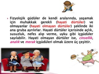  Fizyolojik güdüler de kendi aralarında, yaşamak
için muhakkak gerekli (hayati dürtüler) ve
olmayanlar (hayati olmayan dürtüler) şeklinde iki
ana gruba ayrılırlar. Hayati dürtüler içerisinde açlık,
susuzluk, nefes alıp verme, uyku gibi içgüdüler
sayılabilir. Hayati olmayan dürtüler ise, cinsellik,
analık ve merak içgüdüleri olmak üzere üç çeşittir.
 