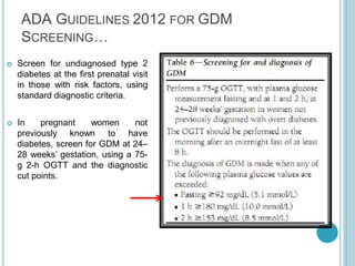 ADA GUIDELINES 2012 FOR GDM
SCREENING…
 Screen for undiagnosed type 2
diabetes at the ﬁrst prenatal visit
in those with risk factors, using
standard diagnostic criteria.
previously known to
 In pregnant women not
have
diabetes, screen for GDM at 24–
28 weeks’ gestation, using a 75-
g 2-h OGTT and the diagnostic
cut points.
 