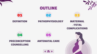 DEFINITION
PRECONCEPTION
COUNSELLING
ANTENATAL CARE
01
PATHOPHYSIOLOGY MATERNAL
/FETAL
COMPLICATIONS
02 03
04 05
OUTLINE
 
