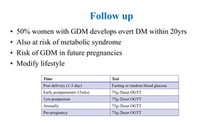 Follow up
• 50% women with GDM develops overt DM within 20yrs
• Also at risk of metabolic syndrome
• Risk of GDM in future pregnancies
• Modify lifestyle
Time Test
Post delivery (1-3 day) Fasting or random blood glucose
Early postpartum(6-12wks) 75g-2hour OGTT
1yrs postpartum 75g-2hour OGTT
Annually 75g-2hour OGTT
Pre-pregnancy 75g-2hour OGTT
 