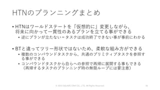 HTNのプランニングまとめ
• HTNはワールドステートを「仮想的に」変更しながら、
将来に向かって一貫性のあるプランを立てる事ができる
• 逆にプランが立たない＝タスクは成功終了できない事が事前にわかる
• BTと違ってツリー形状ではないため、柔軟な組み方ができる
• 複数のコンパウンドタスクから、共通のプリミティブタスクを参照す
る事ができる
• コンパウンドタスクから自らへの参照で再帰に展開する事もできる
（再帰するタスクのプランニング時の無限ループには要注意）
© 2019 SQUARE ENIX CO., LTD. All Rights Reserved. 56
 