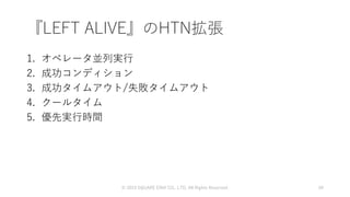 『LEFT ALIVE』のHTN拡張
1. オペレータ並列実行
2. 成功コンディション
3. 成功タイムアウト/失敗タイムアウト
4. クールタイム
5. 優先実行時間
© 2019 SQUARE ENIX CO., LTD. All Rights Reserved. 59
 