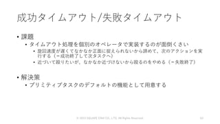 成功タイムアウト/失敗タイムアウト
• 課題
• タイムアウト処理を個別のオペレータで実装するのが面倒くさい
• 旋回速度が遅くてなかなか正面に捉えられないから諦めて、次のアクションを実
行する（＝成功終了して次タスクへ）
• 近づいて殴りたいが、なかなか近づけないから殴るのをやめる（＝失敗終了）
• 解決策
• プリミティブタスクのデフォルトの機能として用意する
© 2019 SQUARE ENIX CO., LTD. All Rights Reserved. 63
 