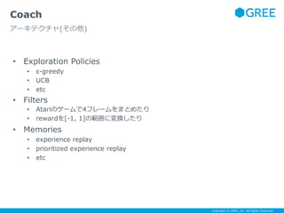 Copyright © GREE, Inc. All Rights Reserved.
• Exploration Policies
• ε-greedy
• UCB
• etc
• Filters
• Atariのゲームで4フレームをまとめたり
• rewardを[-1, 1]の範囲に変換したり
• Memories
• experience replay
• prioritized experience replay
• etc
Coach
アーキテクチャ(その他)
 
