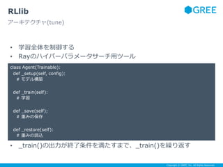 Copyright © GREE, Inc. All Rights Reserved.
• 学習全体を制御する
• Rayのハイパーパラメータサーチ用ツール
• _train()の出力が終了条件を満たすまで、_train()を繰り返す
RLlib
アーキテクチャ(tune)
class Agent(Trainable):
def _setup(self, config):
# モデル構築
def _train(self):
# 学習
def _save(self);
# 重みの保存
def _restore(self):
# 重みの読込
 