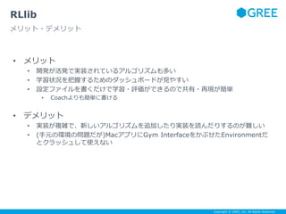 Copyright © GREE, Inc. All Rights Reserved.
• メリット
• 開発が活発で実装されているアルゴリズムも多い
• 学習状況を把握するためのダッシュボードが見やすい
• 設定ファイルを書くだけで学習・評価ができるので共有・再現が簡単
• Coachよりも簡単に書ける
• デメリット
• 実装が複雑で、新しいアルゴリズムを追加したり実装を読んだりするのが難しい
• (手元の環境の問題だが)MacアプリにGym InterfaceをかぶせたEnvironmentだ
とクラッシュして使えない
RLlib
メリット・デメリット
 