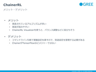 Copyright © GREE, Inc. All Rights Reserved.
• メリット
• 実装されているアルゴリズムが多い
• 実装が読みやすい
• ChainerRL Visualizerを使うと、バランス調整などに役立ちそう
• デメリット
• コマンドライン引数で実験設定を渡すので、別途設定を管理する必要がある
• ChainerがTensorFlowほどメジャーではない
ChainerRL
メリット・デメリット
 