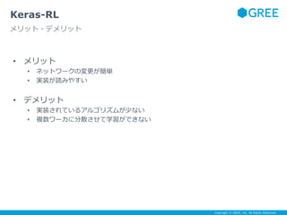 Copyright © GREE, Inc. All Rights Reserved.
• メリット
• ネットワークの変更が簡単
• 実装が読みやすい
• デメリット
• 実装されているアルゴリズムが少ない
• 複数ワーカに分散させて学習ができない
Keras-RL
メリット・デメリット
 