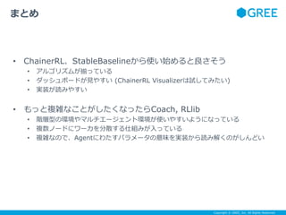 Copyright © GREE, Inc. All Rights Reserved.
• ChainerRL、StableBaselineから使い始めると良さそう
• アルゴリズムが揃っている
• ダッシュボードが見やすい (ChainerRL Visualizerは試してみたい)
• 実装が読みやすい
• もっと複雑なことがしたくなったらCoach, RLlib
• 階層型の環境やマルチエージェント環境が使いやすいようになっている
• 複数ノードにワーカを分散する仕組みが入っている
• 複雑なので、Agentにわたすパラメータの意味を実装から読み解くのがしんどい
まとめ
 
