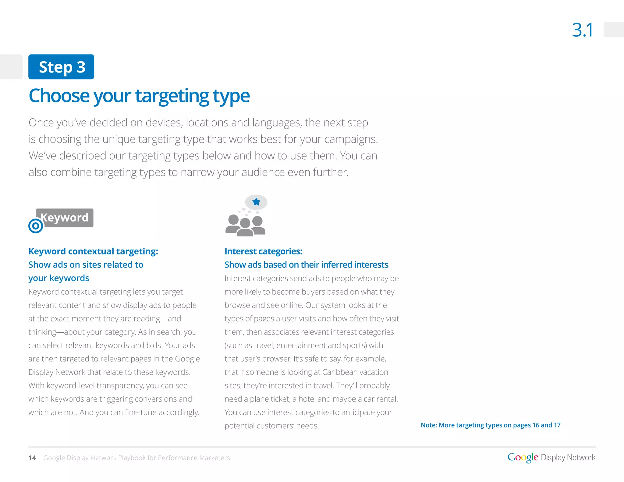 3.1
     Step 3
Choose your targeting type
Once you’ve decided on devices, locations and languages, the next step
is choosing the unique targeting type that works best for your campaigns.
We’ve described our targeting types below and how to use them. You can
also combine targeting types to narrow your audience even further.




Keyword contextual targeting:                               Interest categories:
Show ads on sites related to                                Show ads based on their inferred interests
your keywords                                               Interest categories send ads to people who may be
Keyword contextual targeting lets you target                more likely to become buyers based on what they
relevant content and show display ads to people             browse and see online. Our system looks at the
at the exact moment they are reading—and                    types of pages a user visits and how often they visit
thinking—about your category. As in search, you             them, then associates relevant interest categories
can select relevant keywords and bids. Your ads             (such as travel, entertainment and sports) with
are then targeted to relevant pages in the Google           that user’s browser. It’s safe to say, for example,
Display Network that relate to these keywords.              that if someone is looking at Caribbean vacation
With keyword-level transparency, you can see                sites, they’re interested in travel. They’ll probably
which keywords are triggering conversions and               need a plane ticket, a hotel and maybe a car rental.
which are not. And you can fine-tune accordingly.           You can use interest categories to anticipate your
                                                            potential customers’ needs.                             Note: More targeting types on pages 16 and 17




14   Google Display Network Playbook for Performance Marketers
 