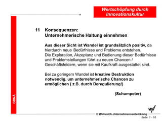 Wertschöpfung durch
                                            Innovationskultur


       11   Konsequenzen:
            Unternehmerische Haltung einnehmen

            Aus dieser Sicht ist Wandel ist grundsätzlich positiv, da
            hierdurch neue Bedürfnisse und Probleme entstehen.
            Die Exploration, Akzeptanz und Bedienung dieser Bedürfnisse
            und Problemstellungen führt zu neuen Chancen /
            Geschäftsfeldern, wenn sie mit Kaufkraft ausgestattet sind.

            Bei zu geringem Wandel ist kreative Destruktion
            notwendig, um unternehmerische Chancen zu
            ermöglichen ( z.B. durch Deregulierung!)

                                                    (Schumpeter)
GDNÄ




                                       © Weinreich-Unternehmensentwicklung
                                                                      Seite: 1 - 16
 