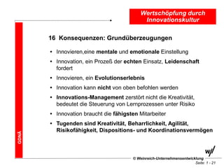 Wertschöpfung durch
                                            Innovationskultur

       16 Konsequenzen: Grundüberzeugungen

       • Innovieren,eine mentale und emotionale Einstellung
       • Innovation, ein Prozeß der echten Einsatz, Leidenschaft
         fordert
       • Innovieren, ein Evolutionserlebnis
       • Innovation kann nicht von oben befohlen werden
       • Innovations-Management zerstört nicht die Kreativität,
         bedeutet die Steuerung von Lernprozessen unter Risiko
       • Innovation braucht die fähigsten Mitarbeiter
       • Tugenden sind Kreativität, Beharrlichkeit, Agilität,
         Risikofähigkeit, Dispositions- und Koordinationsvermögen
GDNÄ




                                       © Weinreich-Unternehmensentwicklung
                                                                      Seite: 1 - 21
 
