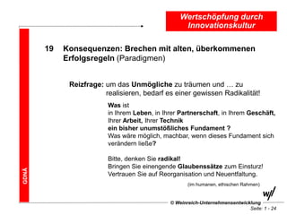 Wertschöpfung durch
                                                   Innovationskultur

       19   Konsequenzen: Brechen mit alten, überkommenen
            Erfolgsregeln (Paradigmen)


             Reizfrage: um das Unmögliche zu träumen und … zu
                        realisieren, bedarf es einer gewissen Radikalität!
                         Was ist
                         in Ihrem Leben, in Ihrer Partnerschaft, in Ihrem Geschäft,
                         Ihrer Arbeit, Ihrer Technik
                         ein bisher unumstößliches Fundament ?
                         Was wäre möglich, machbar, wenn dieses Fundament sich
                         verändern ließe?

                         Bitte, denken Sie radikal!
                         Bringen Sie einengende Glaubenssätze zum Einsturz!
GDNÄ




                         Vertrauen Sie auf Reorganisation und Neuentfaltung.
                                                     (im humanen, ethischen Rahmen)


                                              © Weinreich-Unternehmensentwicklung
                                                                             Seite: 1 - 24
 