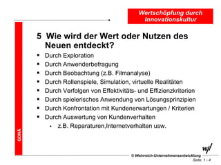 Wertschöpfung durch
                                                Innovationskultur

       5 Wie wird der Wert oder Nutzen des
         Neuen entdeckt?
          Durch Exploration
          Durch Anwenderbefragung
          Durch Beobachtung (z.B. Filmanalyse)
          Durch Rollenspiele, Simulation, virtuelle Realitäten
          Durch Verfolgen von Effektivitäts- und Effizienzkriterien
          Durch spielerisches Anwendung von Lösungsprinzipien
          Durch Konfrontation mit Kundenerwartungen / Kriterien
          Durch Auswertung von Kundenverhalten
             z.B. Reparaturen,Internetverhalten usw.
GDNÄ




                                           © Weinreich-Unternehmensentwicklung
                                                                          Seite: 1 - 4
 