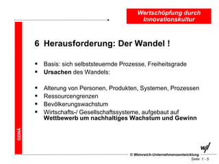 Wertschöpfung durch
                                             Innovationskultur



       6 Herausforderung: Der Wandel !

        Basis: sich selbststeuernde Prozesse, Freiheitsgrade
        Ursachen des Wandels:

          Alterung von Personen, Produkten, Systemen, Prozessen
          Ressourcengrenzen
          Bevölkerungswachstum
          Wirtschafts-/ Gesellschaftssysteme, aufgebaut auf
           Wettbewerb um nachhaltiges Wachstum und Gewinn
GDNÄ




                                        © Weinreich-Unternehmensentwicklung
                                                                       Seite: 1 - 5
 