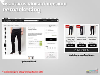 19 
by iTubb.net 
ตัวอย่างการแสดงผลโฆษณาแบบ 
remarketing 
ดูสินค้าบนเว็บไซต์ 
สินค้าที่ชม ตามมาขึ้นบนโฆษณา 
* ต้องใช้ความรู้ทาง programing เพื่อสร้าง Ads 
 
