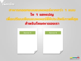 by iTubb.net 
เพิ่มเติม 
26 
สามารถออกแบบแบนเนอร์มากกว่า 1 แบบ 
ใน 1 แคมเปญ 
เพื่อเปรียบเทียบแบนเนอร์ที่มีประสิทธิภาพที่สุด 
ส่าหรับโฆษณาของเรา 
Banner A Banner B 
 