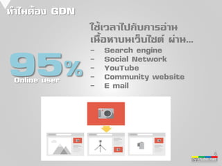 by iTubb.net 
ท่าไมต้อง GDN 
95% 
ใช้เวลาไปกับการอ่าน 
เนื้อหาบนเว็บไซต์ผ่าน... 
- Search engine 
- Social Network 
- YouTube 
- Community website 
- E mail 
Online user 
6 
 