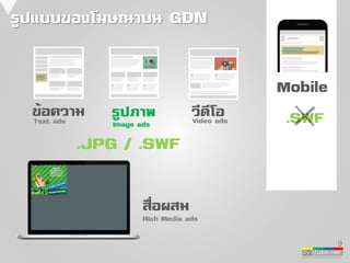 by iTubb.net 
รูปแบบของโฆษณาบน GDN 
สื่อผสม 
ข้อความ 
Text ads 
รูปภาพ 
Image ads 
วีดีโอ 
Video ads 
Rich Media ads 
9 
Mobile 
.JPG / .SWF 
.SWF 
 