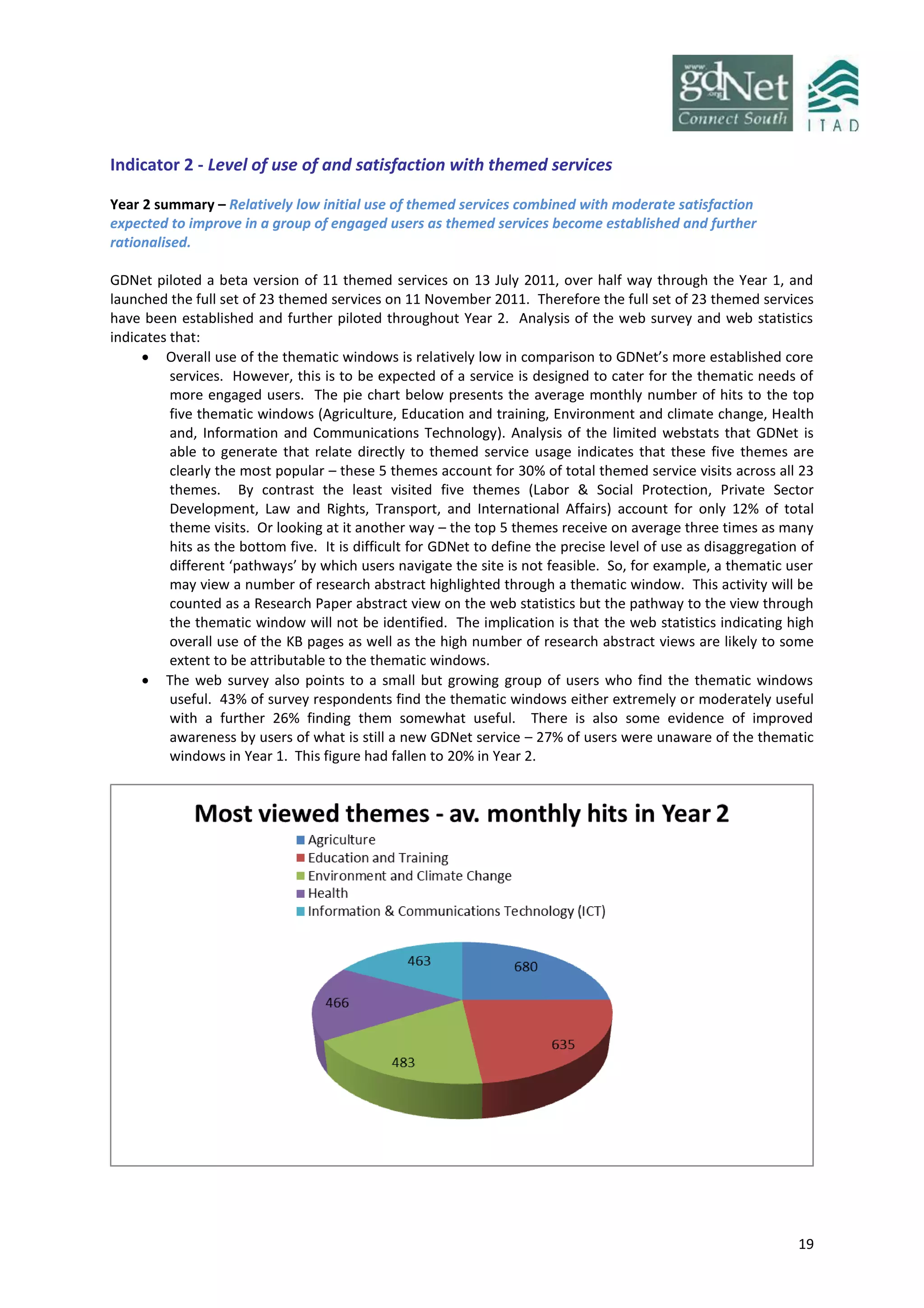 19
Indicator 2 - Level of use of and satisfaction with themed services
Year 2 summary – Relatively low initial use of themed services combined with moderate satisfaction
expected to improve in a group of engaged users as themed services become established and further
rationalised.
GDNet piloted a beta version of 11 themed services on 13 July 2011, over half way through the Year 1, and
launched the full set of 23 themed services on 11 November 2011. Therefore the full set of 23 themed services
have been established and further piloted throughout Year 2. Analysis of the web survey and web statistics
indicates that:
 Overall use of the thematic windows is relatively low in comparison to GDNet’s more established core
services. However, this is to be expected of a service is designed to cater for the thematic needs of
more engaged users. The pie chart below presents the average monthly number of hits to the top
five thematic windows (Agriculture, Education and training, Environment and climate change, Health
and, Information and Communications Technology). Analysis of the limited webstats that GDNet is
able to generate that relate directly to themed service usage indicates that these five themes are
clearly the most popular – these 5 themes account for 30% of total themed service visits across all 23
themes. By contrast the least visited five themes (Labor & Social Protection, Private Sector
Development, Law and Rights, Transport, and International Affairs) account for only 12% of total
theme visits. Or looking at it another way – the top 5 themes receive on average three times as many
hits as the bottom five. It is difficult for GDNet to define the precise level of use as disaggregation of
different ‘pathways’ by which users navigate the site is not feasible. So, for example, a thematic user
may view a number of research abstract highlighted through a thematic window. This activity will be
counted as a Research Paper abstract view on the web statistics but the pathway to the view through
the thematic window will not be identified. The implication is that the web statistics indicating high
overall use of the KB pages as well as the high number of research abstract views are likely to some
extent to be attributable to the thematic windows.
 The web survey also points to a small but growing group of users who find the thematic windows
useful. 43% of survey respondents find the thematic windows either extremely or moderately useful
with a further 26% finding them somewhat useful. There is also some evidence of improved
awareness by users of what is still a new GDNet service – 27% of users were unaware of the thematic
windows in Year 1. This figure had fallen to 20% in Year 2.
 