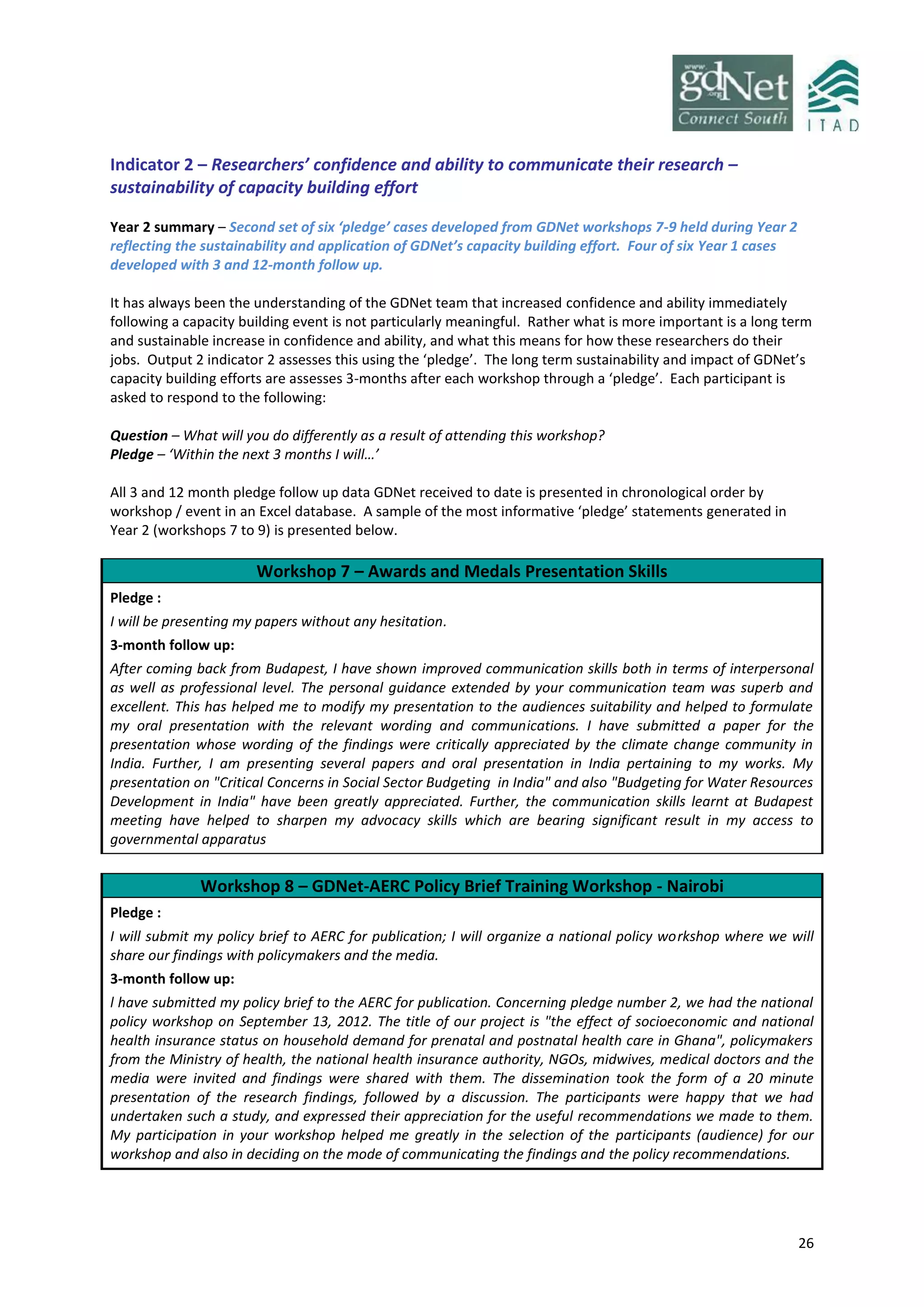 26
Indicator 2 – Researchers’ confidence and ability to communicate their research –
sustainability of capacity building effort
Year 2 summary – Second set of six ‘pledge’ cases developed from GDNet workshops 7-9 held during Year 2
reflecting the sustainability and application of GDNet’s capacity building effort. Four of six Year 1 cases
developed with 3 and 12-month follow up.
It has always been the understanding of the GDNet team that increased confidence and ability immediately
following a capacity building event is not particularly meaningful. Rather what is more important is a long term
and sustainable increase in confidence and ability, and what this means for how these researchers do their
jobs. Output 2 indicator 2 assesses this using the ‘pledge’. The long term sustainability and impact of GDNet’s
capacity building efforts are assesses 3-months after each workshop through a ‘pledge’. Each participant is
asked to respond to the following:
Question – What will you do differently as a result of attending this workshop?
Pledge – ‘Within the next 3 months I will…’
All 3 and 12 month pledge follow up data GDNet received to date is presented in chronological order by
workshop / event in an Excel database. A sample of the most informative ‘pledge’ statements generated in
Year 2 (workshops 7 to 9) is presented below.
Workshop 7 – Awards and Medals Presentation Skills
Pledge :
I will be presenting my papers without any hesitation.
3-month follow up:
After coming back from Budapest, I have shown improved communication skills both in terms of interpersonal
as well as professional level. The personal guidance extended by your communication team was superb and
excellent. This has helped me to modify my presentation to the audiences suitability and helped to formulate
my oral presentation with the relevant wording and communications. I have submitted a paper for the
presentation whose wording of the findings were critically appreciated by the climate change community in
India. Further, I am presenting several papers and oral presentation in India pertaining to my works. My
presentation on "Critical Concerns in Social Sector Budgeting in India" and also "Budgeting for Water Resources
Development in India" have been greatly appreciated. Further, the communication skills learnt at Budapest
meeting have helped to sharpen my advocacy skills which are bearing significant result in my access to
governmental apparatus
Workshop 8 – GDNet-AERC Policy Brief Training Workshop - Nairobi
Pledge :
I will submit my policy brief to AERC for publication; I will organize a national policy workshop where we will
share our findings with policymakers and the media.
3-month follow up:
l have submitted my policy brief to the AERC for publication. Concerning pledge number 2, we had the national
policy workshop on September 13, 2012. The title of our project is "the effect of socioeconomic and national
health insurance status on household demand for prenatal and postnatal health care in Ghana", policymakers
from the Ministry of health, the national health insurance authority, NGOs, midwives, medical doctors and the
media were invited and findings were shared with them. The dissemination took the form of a 20 minute
presentation of the research findings, followed by a discussion. The participants were happy that we had
undertaken such a study, and expressed their appreciation for the useful recommendations we made to them.
My participation in your workshop helped me greatly in the selection of the participants (audience) for our
workshop and also in deciding on the mode of communicating the findings and the policy recommendations.
 