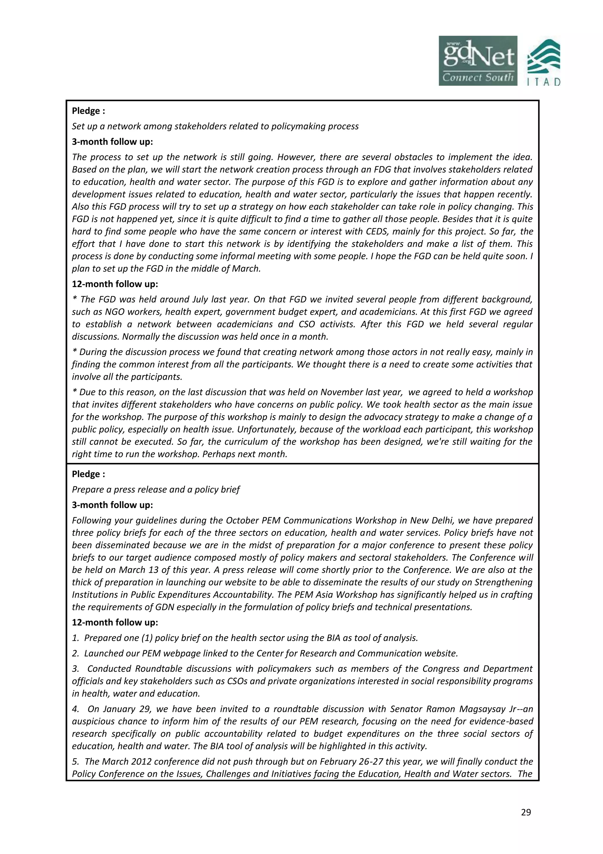 29
Pledge :
Set up a network among stakeholders related to policymaking process
3-month follow up:
The process to set up the network is still going. However, there are several obstacles to implement the idea.
Based on the plan, we will start the network creation process through an FDG that involves stakeholders related
to education, health and water sector. The purpose of this FGD is to explore and gather information about any
development issues related to education, health and water sector, particularly the issues that happen recently.
Also this FGD process will try to set up a strategy on how each stakeholder can take role in policy changing. This
FGD is not happened yet, since it is quite difficult to find a time to gather all those people. Besides that it is quite
hard to find some people who have the same concern or interest with CEDS, mainly for this project. So far, the
effort that I have done to start this network is by identifying the stakeholders and make a list of them. This
process is done by conducting some informal meeting with some people. I hope the FGD can be held quite soon. I
plan to set up the FGD in the middle of March.
12-month follow up:
* The FGD was held around July last year. On that FGD we invited several people from different background,
such as NGO workers, health expert, government budget expert, and academicians. At this first FGD we agreed
to establish a network between academicians and CSO activists. After this FGD we held several regular
discussions. Normally the discussion was held once in a month.
* During the discussion process we found that creating network among those actors in not really easy, mainly in
finding the common interest from all the participants. We thought there is a need to create some activities that
involve all the participants.
* Due to this reason, on the last discussion that was held on November last year, we agreed to held a workshop
that invites different stakeholders who have concerns on public policy. We took health sector as the main issue
for the workshop. The purpose of this workshop is mainly to design the advocacy strategy to make a change of a
public policy, especially on health issue. Unfortunately, because of the workload each participant, this workshop
still cannot be executed. So far, the curriculum of the workshop has been designed, we're still waiting for the
right time to run the workshop. Perhaps next month.
Pledge :
Prepare a press release and a policy brief
3-month follow up:
Following your guidelines during the October PEM Communications Workshop in New Delhi, we have prepared
three policy briefs for each of the three sectors on education, health and water services. Policy briefs have not
been disseminated because we are in the midst of preparation for a major conference to present these policy
briefs to our target audience composed mostly of policy makers and sectoral stakeholders. The Conference will
be held on March 13 of this year. A press release will come shortly prior to the Conference. We are also at the
thick of preparation in launching our website to be able to disseminate the results of our study on Strengthening
Institutions in Public Expenditures Accountability. The PEM Asia Workshop has significantly helped us in crafting
the requirements of GDN especially in the formulation of policy briefs and technical presentations.
12-month follow up:
1. Prepared one (1) policy brief on the health sector using the BIA as tool of analysis.
2. Launched our PEM webpage linked to the Center for Research and Communication website.
3. Conducted Roundtable discussions with policymakers such as members of the Congress and Department
officials and key stakeholders such as CSOs and private organizations interested in social responsibility programs
in health, water and education.
4. On January 29, we have been invited to a roundtable discussion with Senator Ramon Magsaysay Jr--an
auspicious chance to inform him of the results of our PEM research, focusing on the need for evidence-based
research specifically on public accountability related to budget expenditures on the three social sectors of
education, health and water. The BIA tool of analysis will be highlighted in this activity.
5. The March 2012 conference did not push through but on February 26-27 this year, we will finally conduct the
Policy Conference on the Issues, Challenges and Initiatives facing the Education, Health and Water sectors. The
 