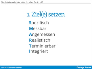 Glaubst du noch oder misst du schon? – #ccb13

1. Ziel(e) setzen
Speziﬁsch
Messbar
Angemessen
Realistisch
Terminierbar
Integriert

26.10.2013 – CommunityCamp Berlin

 