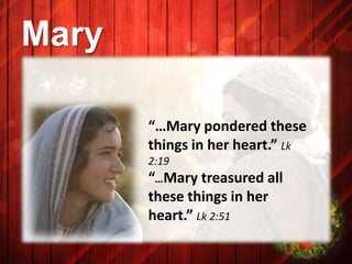 Mary
“…Mary pondered these
things in her heart.” Lk
2:19

“…Mary treasured all
these things in her
heart.” Lk 2:51

 