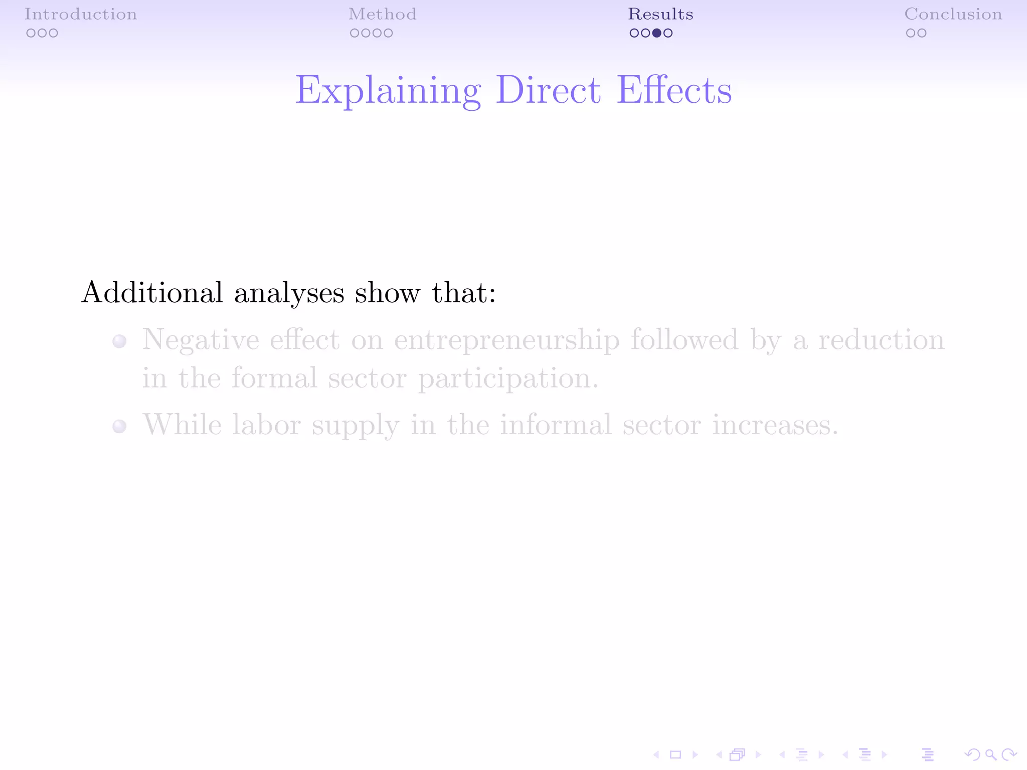 Introduction Method Results Conclusion
Explaining Direct Eﬀects
Additional analyses show that:
Negative eﬀect on entrepreneurship followed by a reduction
in the formal sector participation.
While labor supply in the informal sector increases.
 