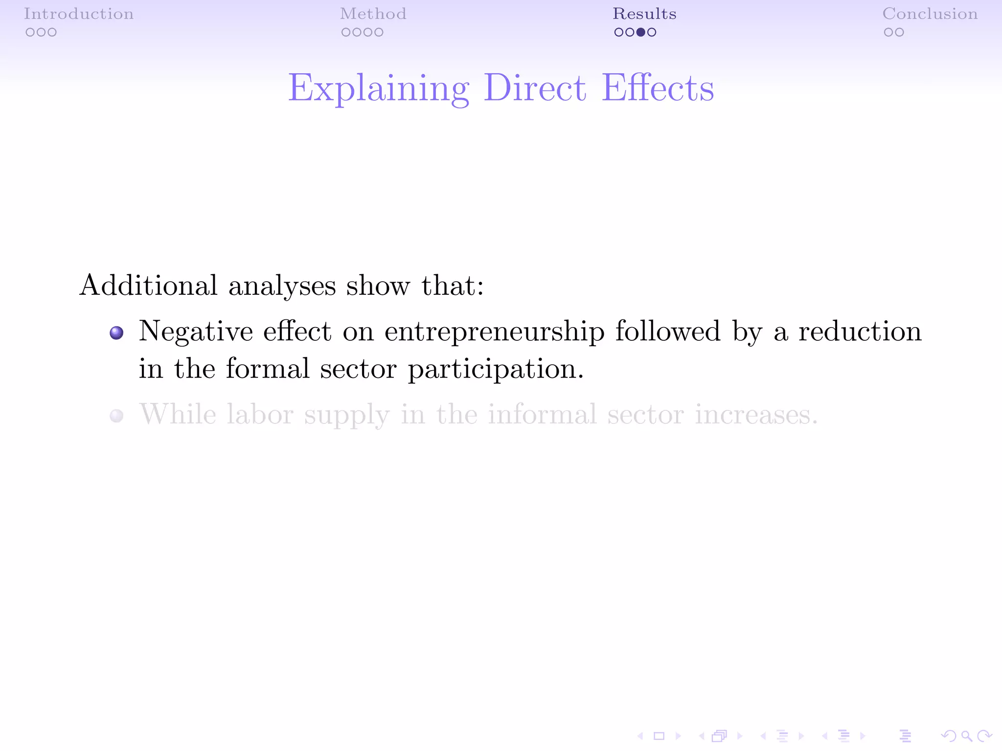 Introduction Method Results Conclusion
Explaining Direct Eﬀects
Additional analyses show that:
Negative eﬀect on entrepreneurship followed by a reduction
in the formal sector participation.
While labor supply in the informal sector increases.
 