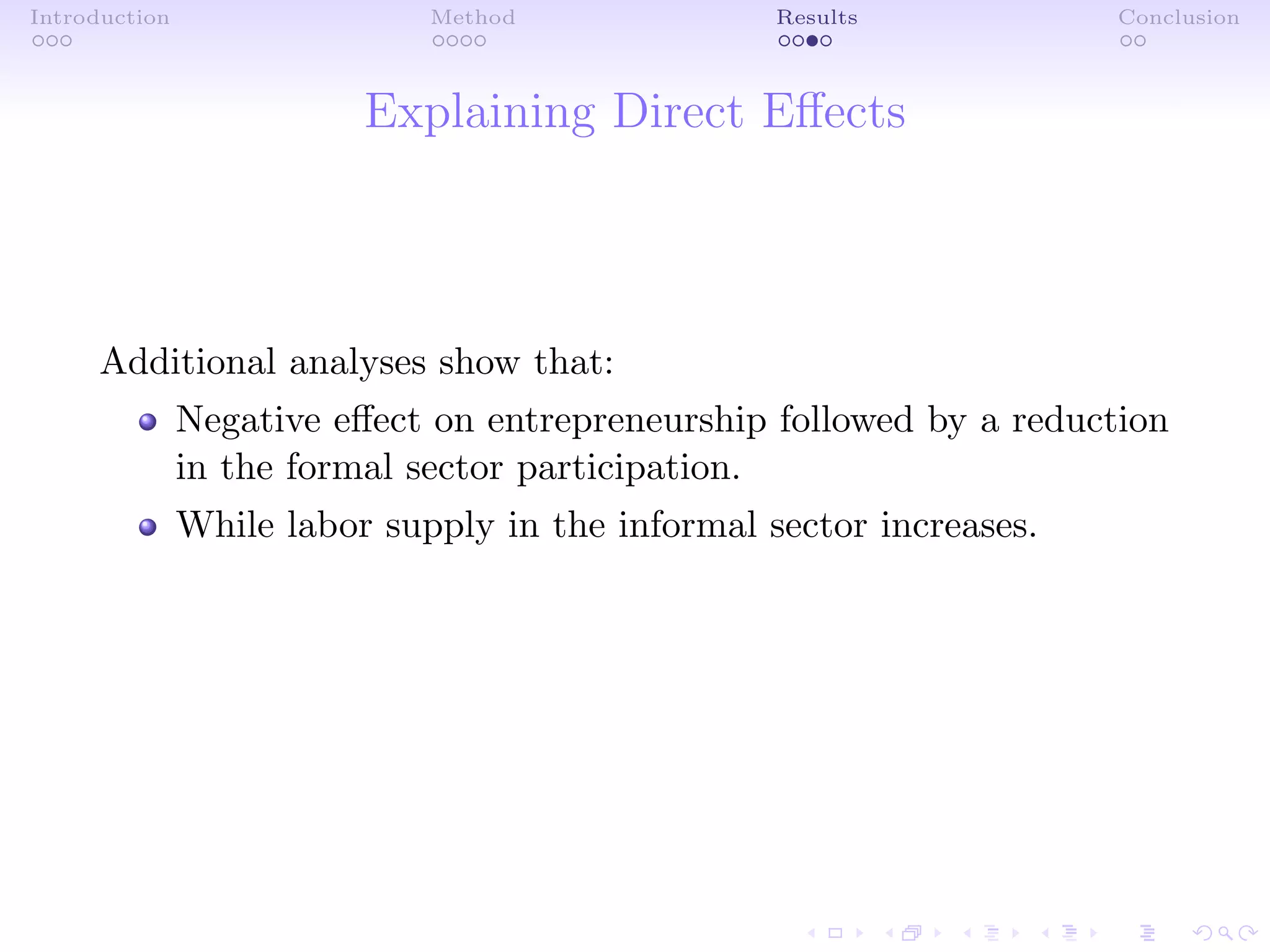 Introduction Method Results Conclusion
Explaining Direct Eﬀects
Additional analyses show that:
Negative eﬀect on entrepreneurship followed by a reduction
in the formal sector participation.
While labor supply in the informal sector increases.
 