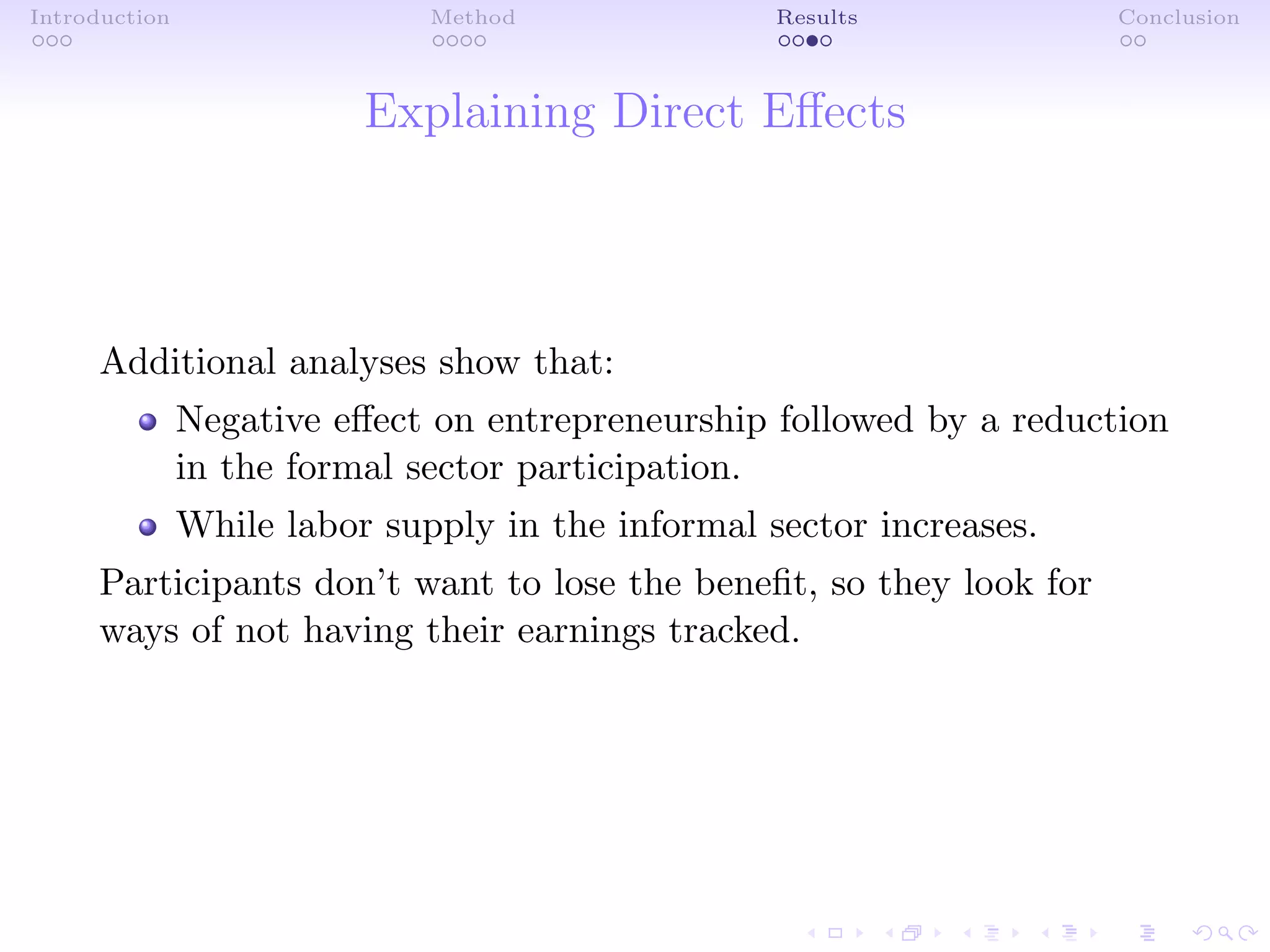 Introduction Method Results Conclusion
Explaining Direct Eﬀects
Additional analyses show that:
Negative eﬀect on entrepreneurship followed by a reduction
in the formal sector participation.
While labor supply in the informal sector increases.
Participants don’t want to lose the beneﬁt, so they look for
ways of not having their earnings tracked.
 