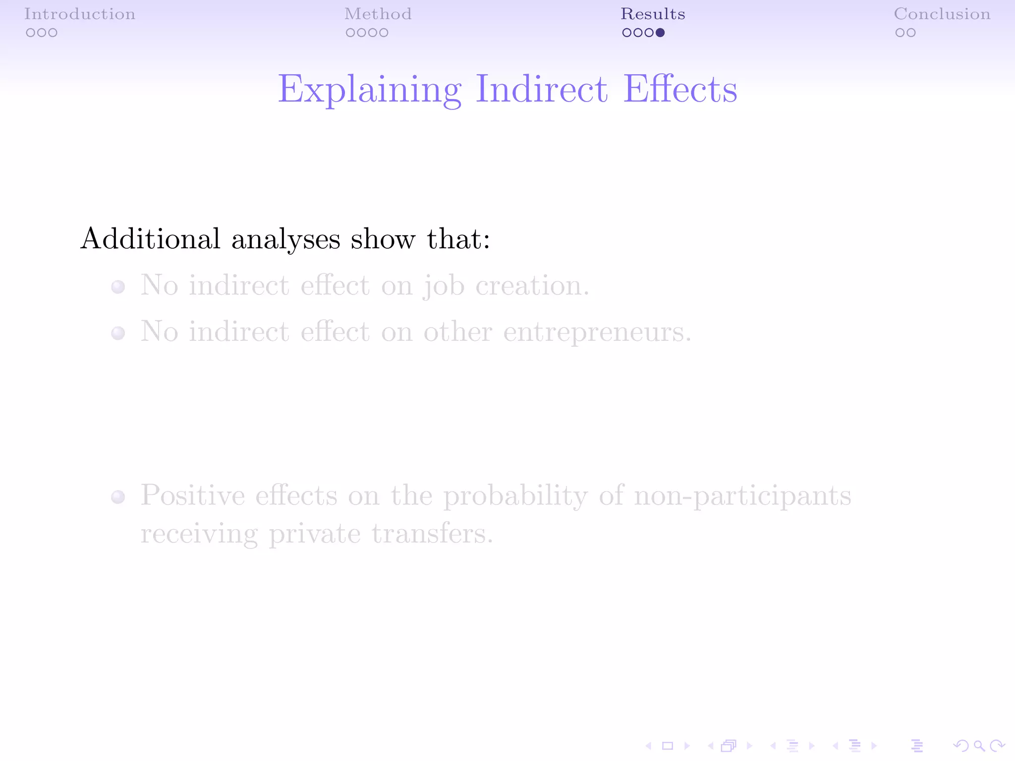 Introduction Method Results Conclusion
Explaining Indirect Eﬀects
Additional analyses show that:
No indirect eﬀect on job creation.
No indirect eﬀect on other entrepreneurs.
Positive eﬀects on the probability of non-participants
receiving private transfers.
 