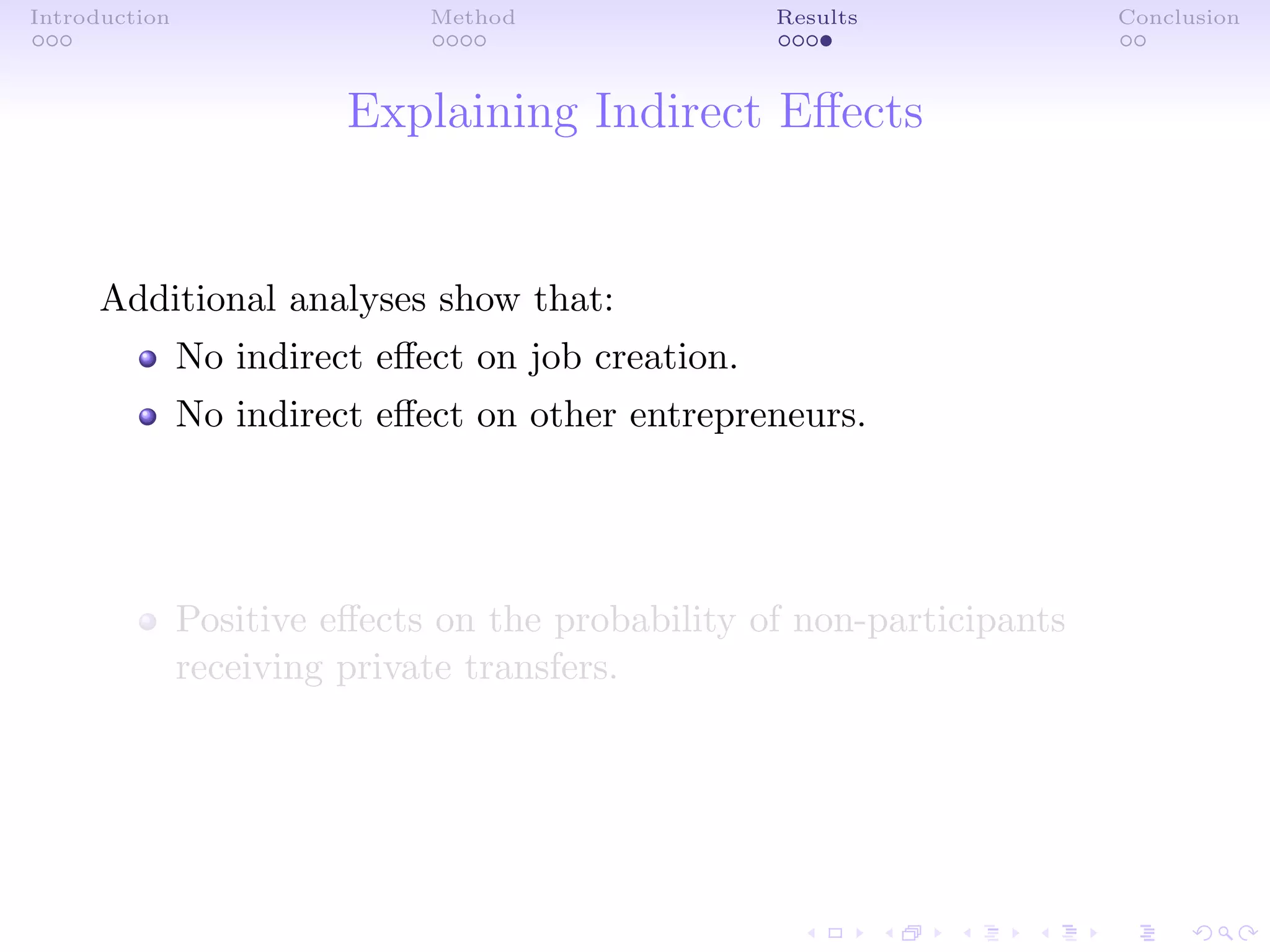 Introduction Method Results Conclusion
Explaining Indirect Eﬀects
Additional analyses show that:
No indirect eﬀect on job creation.
No indirect eﬀect on other entrepreneurs.
Positive eﬀects on the probability of non-participants
receiving private transfers.
 