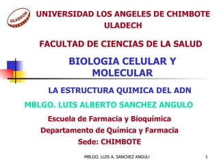 UNIVERSIDAD LOS ANGELES DE CHIMBOTE ULADECH FACULTAD DE CIENCIAS DE LA SALUD BIOLOGIA CELULAR Y MOLECULAR LA ESTRUCTURA QUIMICA DEL ADN MBLGO. LUIS ALBERTO SANCHEZ ANGULO Escuela de Farmacia y Bioquímica Departamento de Química y Farmacia Sede: CHIMBOTE 