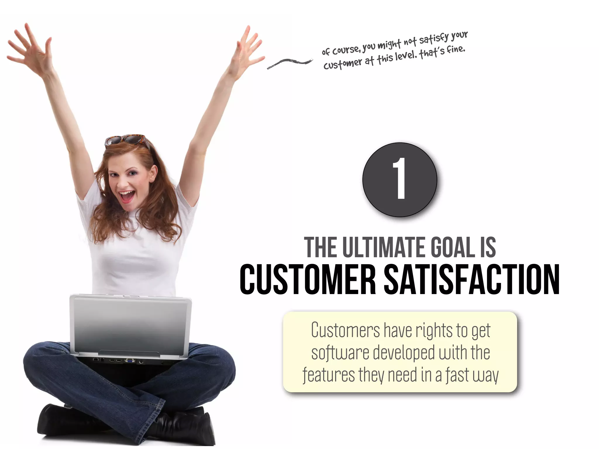 The ultimate goal is
customer satisfaction
1
Customers have rights to get
software developed with the
features they need in a fast way
of course, you might not satisfy your
customer at this level. that’s fine.
 