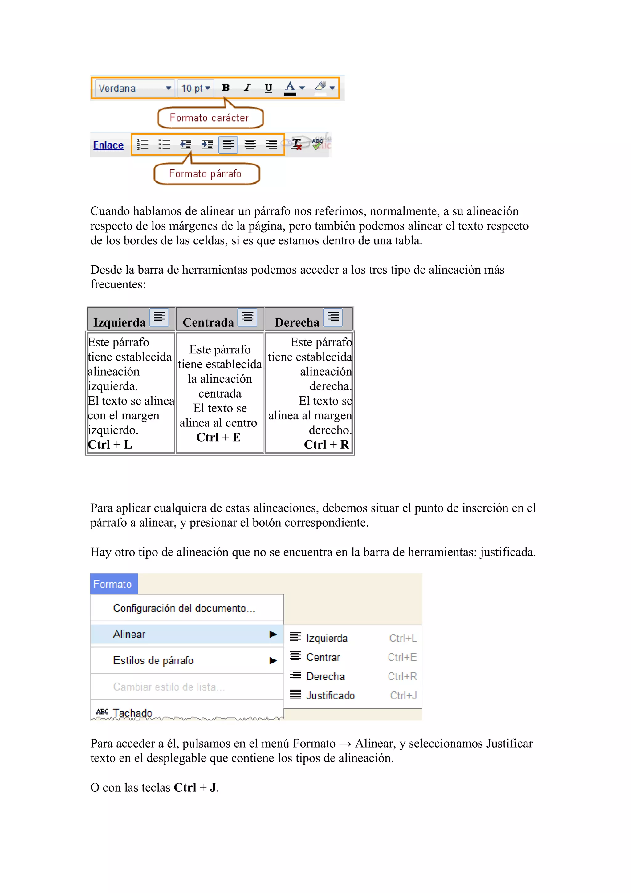 Cuando hablamos de alinear un párrafo nos referimos, normalmente, a su alineación
respecto de los márgenes de la página, pero también podemos alinear el texto respecto
de los bordes de las celdas, si es que estamos dentro de una tabla.
Desde la barra de herramientas podemos acceder a los tres tipo de alineación más
frecuentes:
Izquierda Centrada Derecha
Este párrafo
tiene establecida
alineación
izquierda.
El texto se alinea
con el margen
izquierdo.
Ctrl + L
Este párrafo
tiene establecida
la alineación
centrada
El texto se
alinea al centro
Ctrl + E
Este párrafo
tiene establecida
alineación
derecha.
El texto se
alinea al margen
derecho.
Ctrl + R
Para aplicar cualquiera de estas alineaciones, debemos situar el punto de inserción en el
párrafo a alinear, y presionar el botón correspondiente.
Hay otro tipo de alineación que no se encuentra en la barra de herramientas: justificada.
Para acceder a él, pulsamos en el menú Formato → Alinear, y seleccionamos Justificar
texto en el desplegable que contiene los tipos de alineación.
O con las teclas Ctrl + J.
 