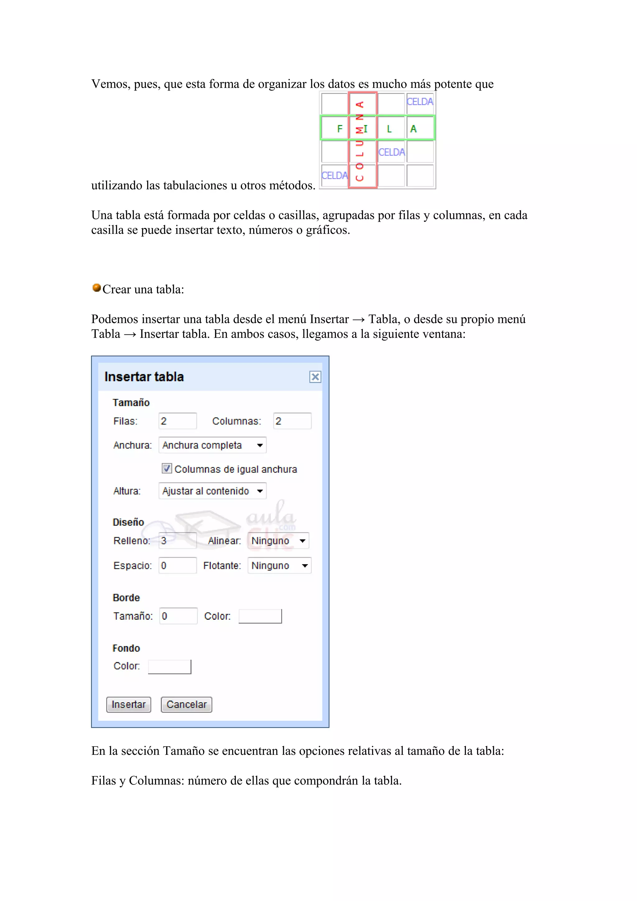 Vemos, pues, que esta forma de organizar los datos es mucho más potente que
utilizando las tabulaciones u otros métodos.
Una tabla está formada por celdas o casillas, agrupadas por filas y columnas, en cada
casilla se puede insertar texto, números o gráficos.
Crear una tabla:
Podemos insertar una tabla desde el menú Insertar → Tabla, o desde su propio menú
Tabla → Insertar tabla. En ambos casos, llegamos a la siguiente ventana:
En la sección Tamaño se encuentran las opciones relativas al tamaño de la tabla:
Filas y Columnas: número de ellas que compondrán la tabla.
 