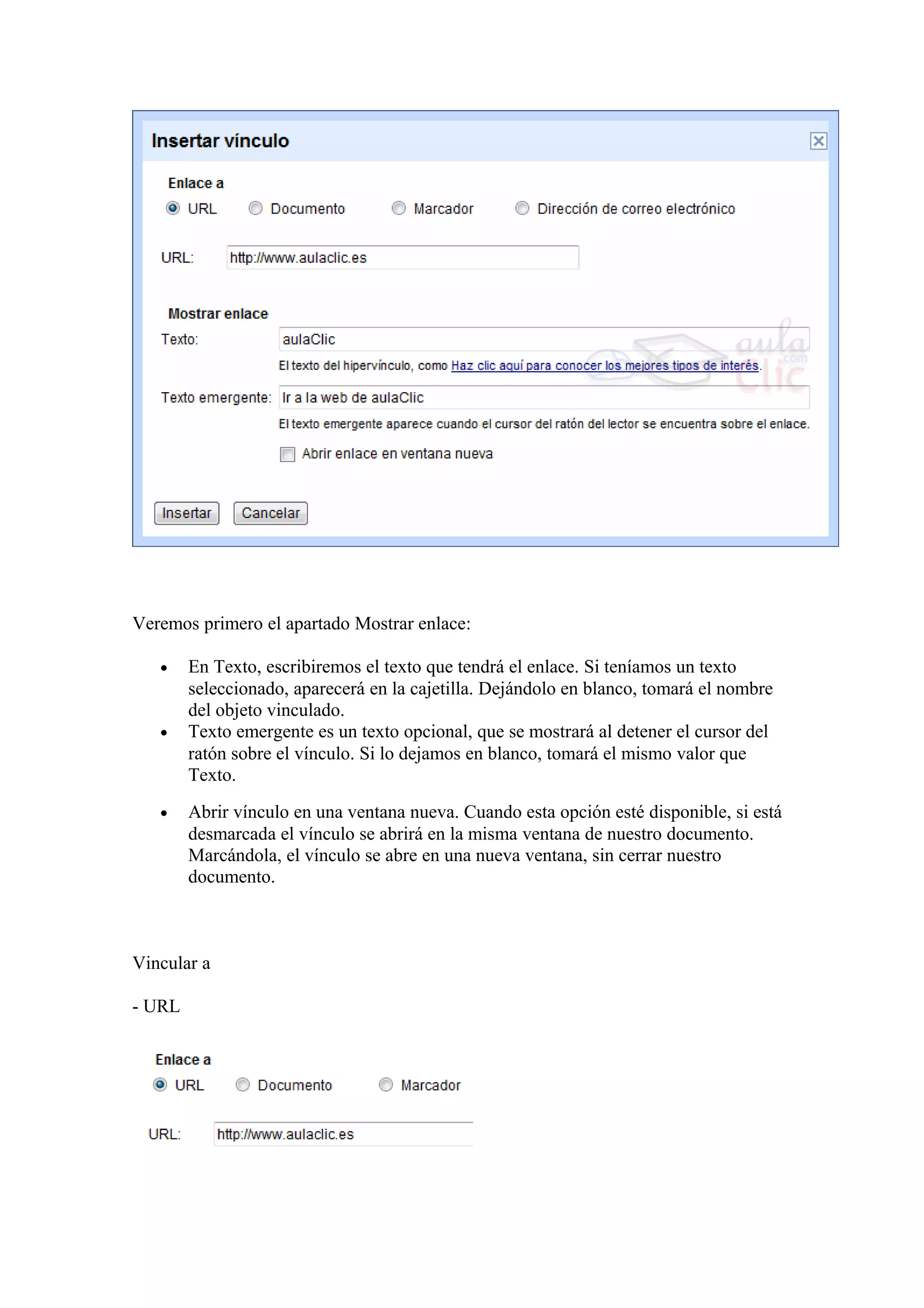 Veremos primero el apartado Mostrar enlace:
• En Texto, escribiremos el texto que tendrá el enlace. Si teníamos un texto
seleccionado, aparecerá en la cajetilla. Dejándolo en blanco, tomará el nombre
del objeto vinculado.
• Texto emergente es un texto opcional, que se mostrará al detener el cursor del
ratón sobre el vínculo. Si lo dejamos en blanco, tomará el mismo valor que
Texto.
• Abrir vínculo en una ventana nueva. Cuando esta opción esté disponible, si está
desmarcada el vínculo se abrirá en la misma ventana de nuestro documento.
Marcándola, el vínculo se abre en una nueva ventana, sin cerrar nuestro
documento.
Vincular a
- URL
 